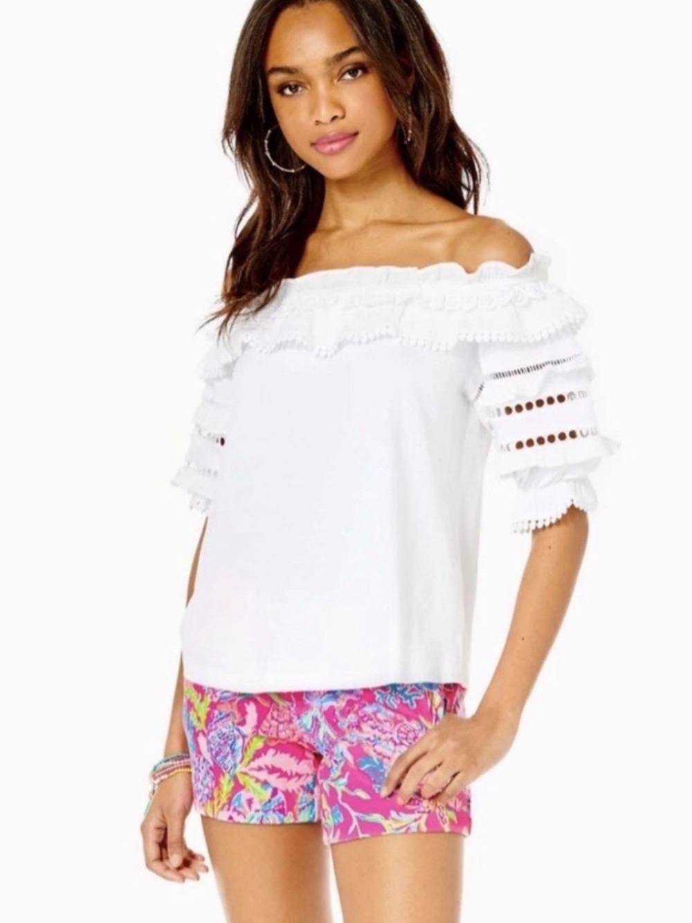 Lilly Pulitzer white off-shoulder ruffle sleeve eyelet blouse top feminine sz L